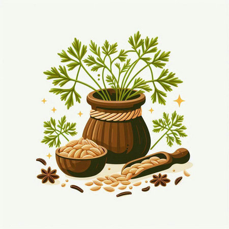 Dill and parsley in a clay pot. Vector illustration.のイラスト素材