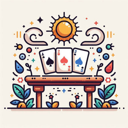 Vector line art illustration of a deck of playing cards on a wooden table.のイラスト素材