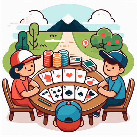 Playing cards at the table. Vector illustration in flat cartoon style.のイラスト素材