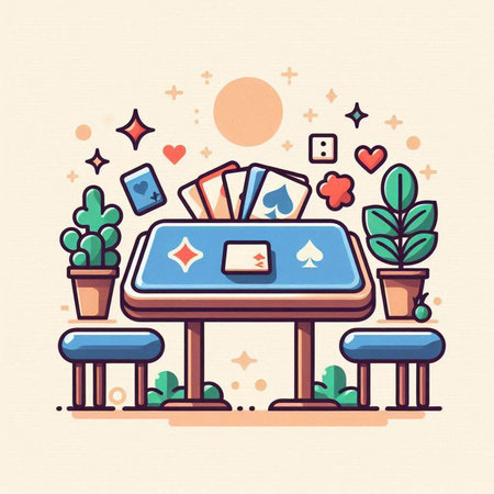 Vector illustration of gambling table with cards, chips and dice in flat styleのイラスト素材