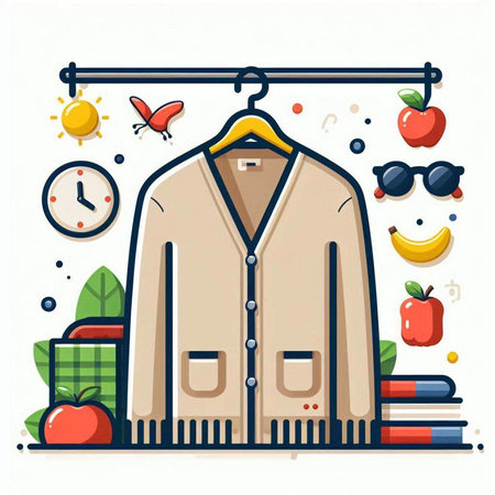 Vector illustration of stylish casual clothes hanging on clothes hanger with apples and clock.のイラスト素材
