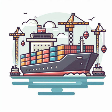 Cargo ship and cranes. Vector illustration in flat style.のイラスト素材