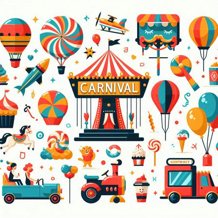 Carnival flat icons set with carousels and air balloons isolated vector illustrationのイラスト素材