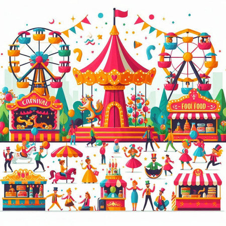 Amusement park carnival with carousels, fairground rides and people vector illustrationのイラスト素材
