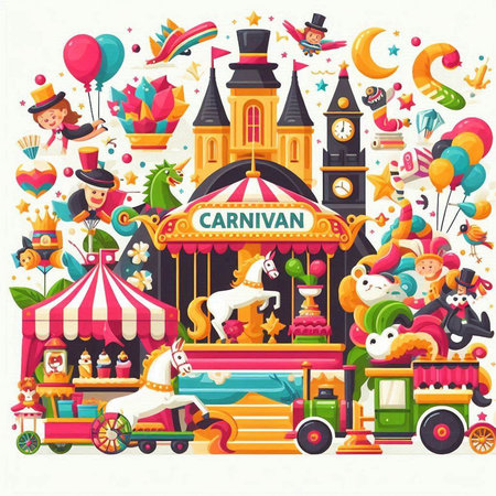 Vector illustration of carnival fairground with carousels, horses and clowns.のイラスト素材