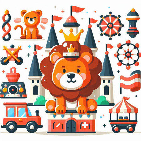 Cute cartoon lion with crown on top of the castle. Vector illustrationのイラスト素材