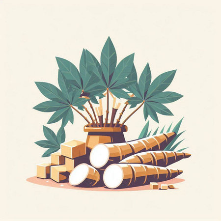 Cassava root with leaves and sugar cubes. Vector illustration.のイラスト素材