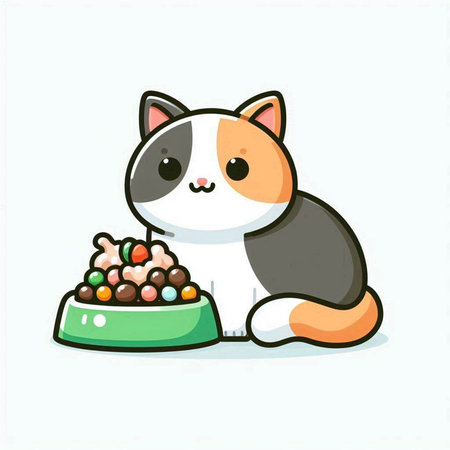 Cute cat and bowl of food. Vector illustration in cartoon style.のイラスト素材