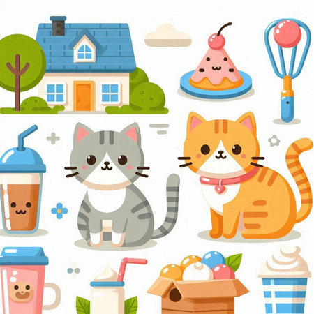 Cute cartoon cats and ice cream. Vector illustration in a flat style.のイラスト素材