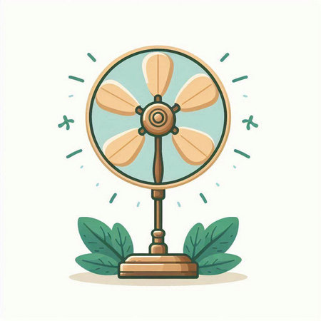 Vintage electric fan with leaves. Vector illustration in cartoon style.のイラスト素材