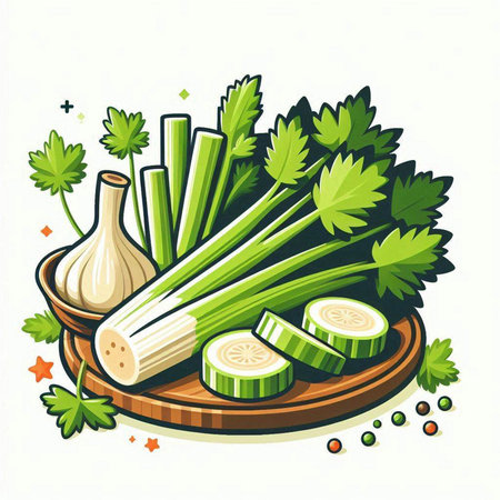 Vector illustration of fresh celery, parsley, onion and garlicのイラスト素材