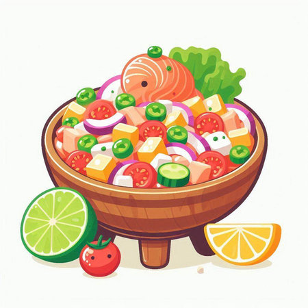 Salad with salmon and vegetables in a bowl, vector illustration.のイラスト素材