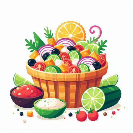 Vector illustration of a bowl of fruit salad with lime, cucumber, tomato, onion, olives, parsley, lemon, pepper.のイラスト素材