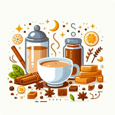 Cup of coffee, cinnamon, star anise, brown sugar and cinnamon sticks. Vector illustration.のイラスト素材