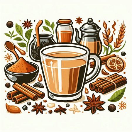 Cup of hot tea with spices and herbs. Vector illustration.のイラスト素材