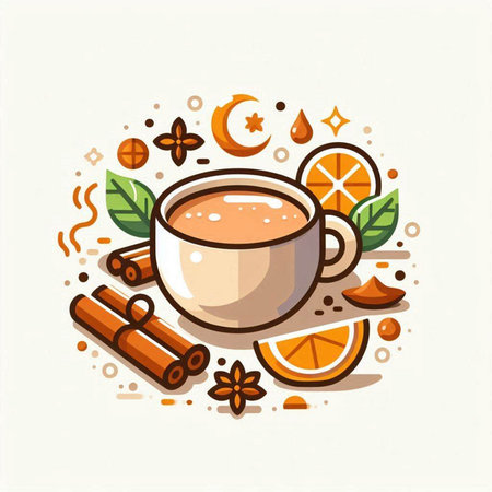 Cup of tea with cinnamon, orange and star anise.のイラスト素材
