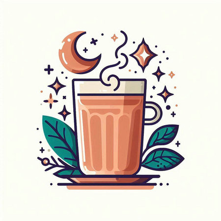 Coffee cup with moon, stars and leaves. Vector illustration.のイラスト素材
