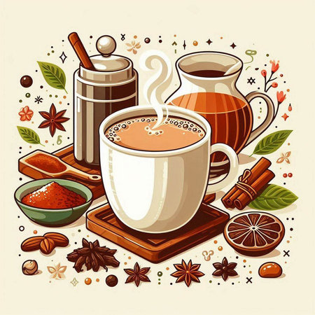 Cup of hot coffee with spices and herbs. Vector illustration.のイラスト素材