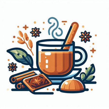 Cup of hot tea with cinnamon, anise, star anise and cinnamon sticks. Vector illustration.のイラスト素材