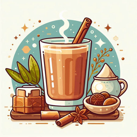 Cup of hot cocoa drink with cinnamon, cardamom, star anise, sugar cubes and leavesのイラスト素材
