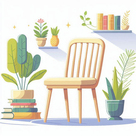 Vector illustration of a chair in a room with plants and books.のイラスト素材