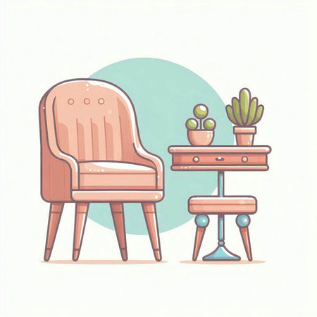 Vector illustration of an armchair with a table and a flowerpot.のイラスト素材