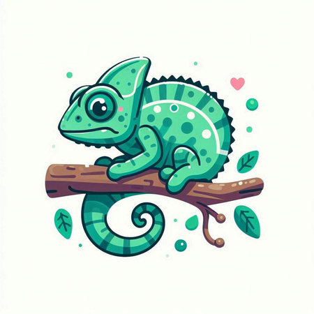 Cute cartoon chameleon on a branch. Vector illustration.のイラスト素材