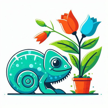 Cartoon chameleon with flower in pot. Vector illustration.のイラスト素材