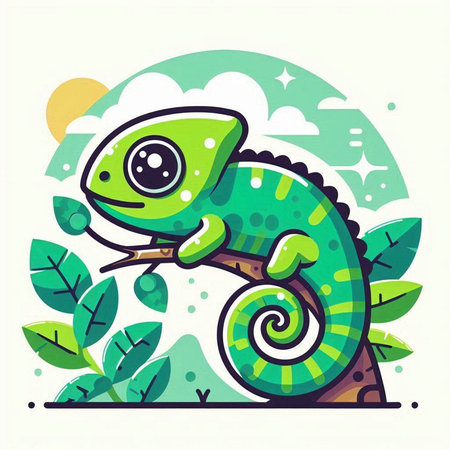 Cute cartoon chameleon on the branch. Vector illustration.のイラスト素材