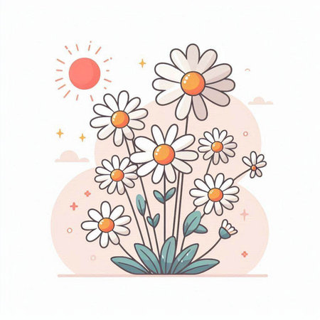 Chamomile flowers. Vector illustration in hand drawn style.のイラスト素材