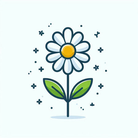 Daisy flower with leaves and dots. Vector illustration in flat style.のイラスト素材