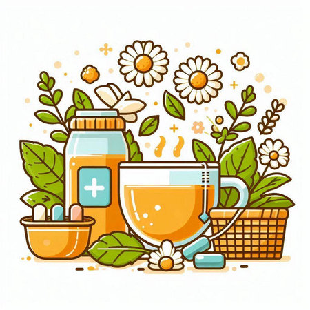 Herbal tea with chamomile flowers. Vector illustration.のイラスト素材