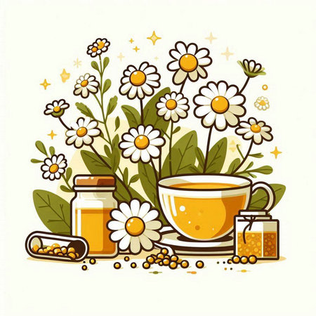 Cup of herbal tea with chamomile flowers. Hand drawn vector illustration.のイラスト素材