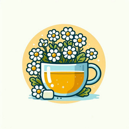 Cup of tea with chamomile flowers. Vector illustration.のイラスト素材