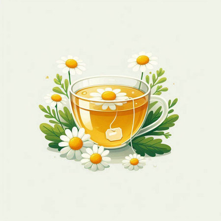 Cup of tea with chamomile and leaves. Vector illustration.のイラスト素材