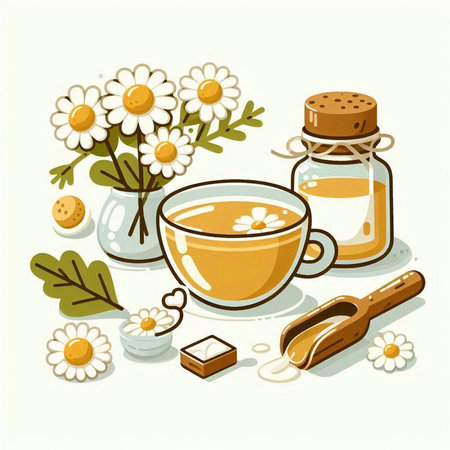 Cup of tea with chamomile and honey. Vector illustration.のイラスト素材