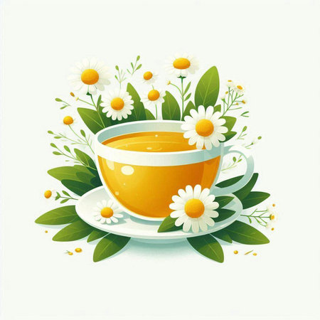 Cup of tea with chamomile flowers. Vector illustrationのイラスト素材