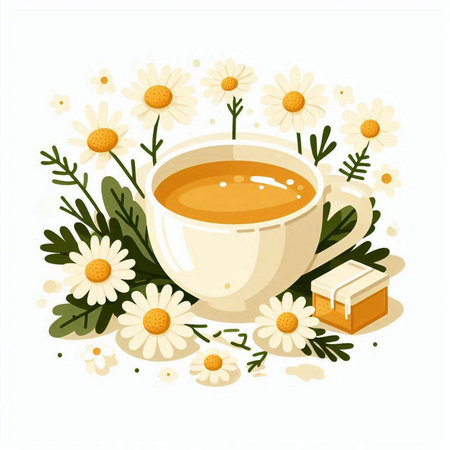 Cup of tea with chamomile flowers and honey. Vector illustrationのイラスト素材