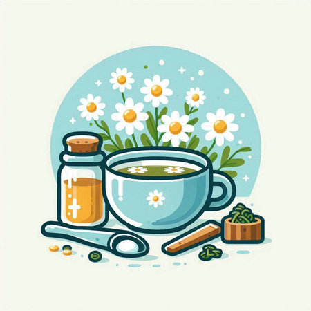 Cup of herbal tea with chamomile flowers. Vector illustration.のイラスト素材