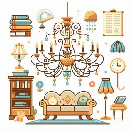 Luxury furniture and interior design elements. Vector illustration in cartoon style.のイラスト素材