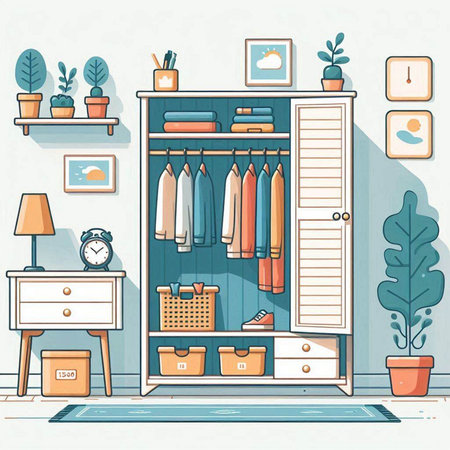 Interior of the living room with a wardrobe. Vector illustration.のイラスト素材
