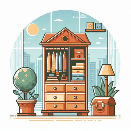 Vector illustration of a wooden chest of drawers in the interior.のイラスト素材