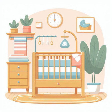 Vector illustration of a baby room interior with a crib, a bedside table, a shelf, a clock and a potted plantのイラスト素材