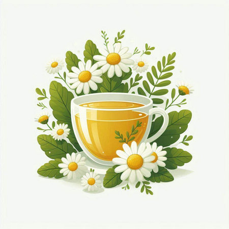 Cup of tea with chamomile flowers and green leavesのイラスト素材