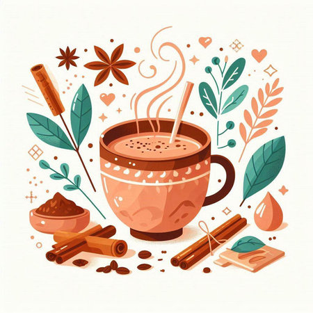 Coffee cup with cinnamon, anise and leaves. Vector illustration.のイラスト素材