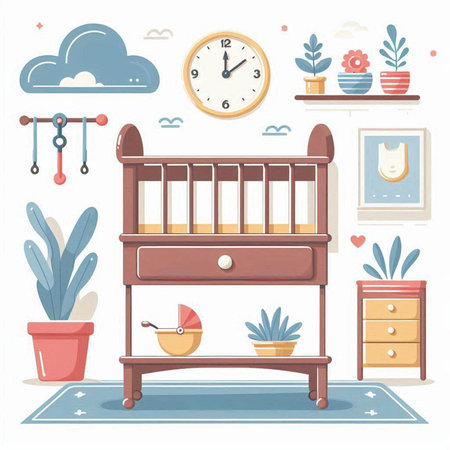 Cute baby room interior with furniture and toys. Vector illustration.のイラスト素材