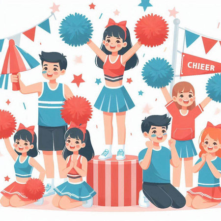 Cheerleaders and spectators with pompoms. Vector illustration in cartoon style.のイラスト素材