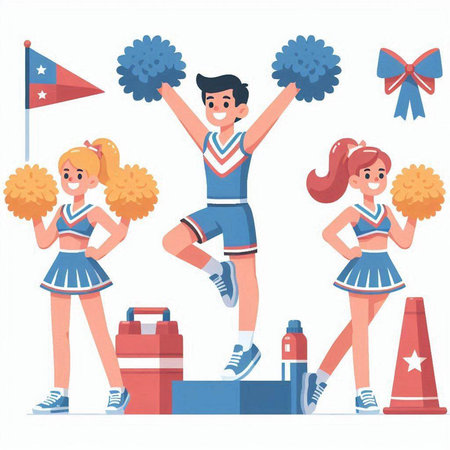 Cheerleaders set. Cheerleaders with pompoms and flags. Cheerful cheerleaders. Cheerleaders in uniform. Vector illustrationのイラスト素材
