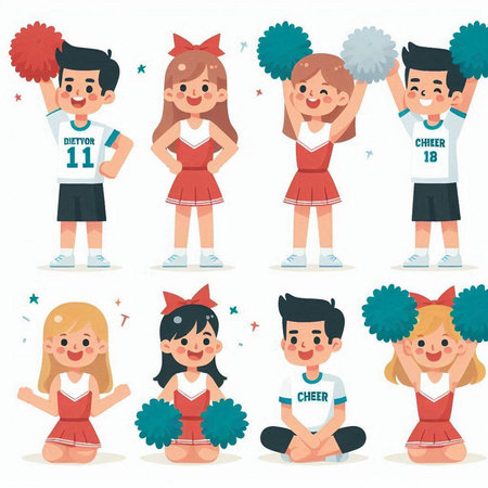 Cheerleaders set. Cheerleader characters. Cheerful cheerleaders isolated on white background. Cheerful cheerleaders. Cheerleaders with pompoms. Cheerleaders vector illustrationのイラスト素材