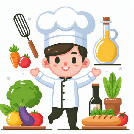 Chef boy with vegetables and food in the kitchen vector illustration.のイラスト素材